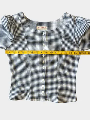 Vintage Richards Navy Gingham Puff Sleeve Button Blouse UK 10 US 6 thumbnail 6
