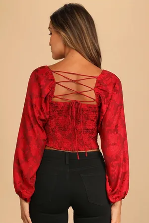 Lulus Red Lace Up Jacquard Shirt thumbnail 2