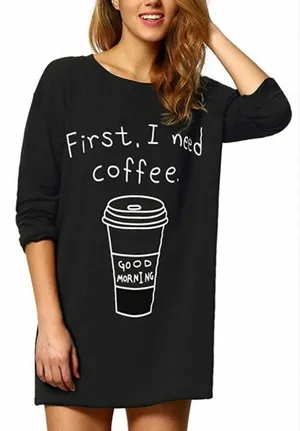 First I Need Coffee Black Graphic Tunic Size M thumbnail 1