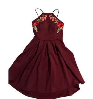 B. Darlin‎ Fit & Flare Dress Floral Embroidered Burgundy Open Back Size 3/4 thumbnail 1