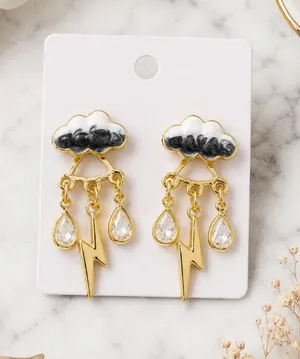 NEW Storm Cloud Lightning Dangle Post Earrings Gold White Black NWT thumbnail 1
