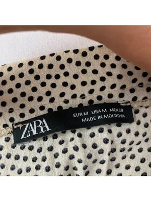 Zara Womens Polka Dot Mini Dress Size M Beige Black Puff Sleeve thumbnail 4