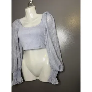 Urban Outfitters Blouse Womens Medium Purple Scoop Neck Sheer Sleeve Cropped Top thumbnail 6