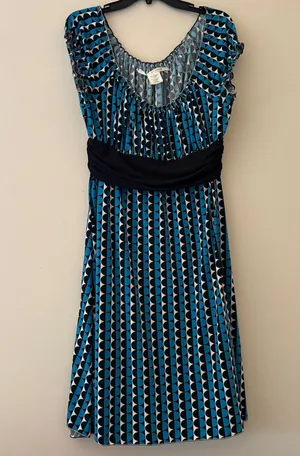 Max Studio Geometric Print Off Shoulder Empire Waist Midi Dress Blue Black Small thumbnail 1