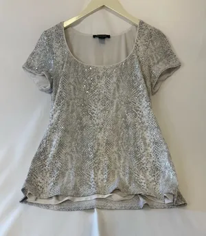 White House Black Market Silver Sequin Scoop Neck Short Sleeve Top thumbnail 1