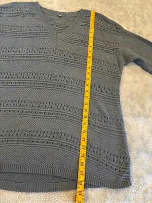V-Neck Openwork 3/4 inch Sleeve Knit Sweater - Dusty Blue size X-LARGE thumbnail 5