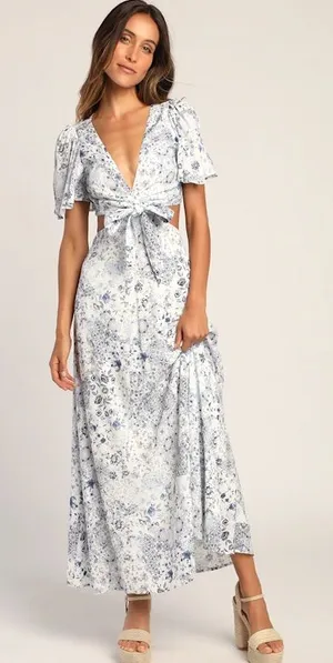 LULUS Stroll the Avenues White Floral Print Tie-Front‎ Maxi Dress thumbnail 1