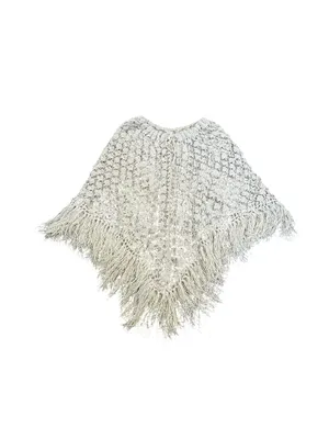 Vintage Cream Open Weave Crochet Knit Poncho Fringe Boho Chic Cottagecore thumbnail 2
