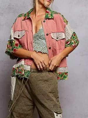POL Lace Patch Floral Half Sleeve Shacket Size Medium thumbnail 1
