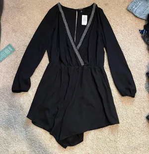 Torrid Black embellished georgette romper with pockets long sleeve never worn thumbnail 1
