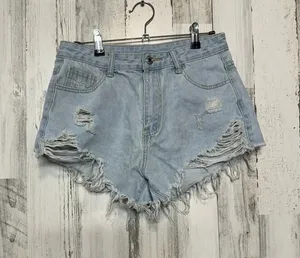 SheIn Women’s Distressed Denim Shorts Size Small Light Wash High Rise Frayed Hem thumbnail 1