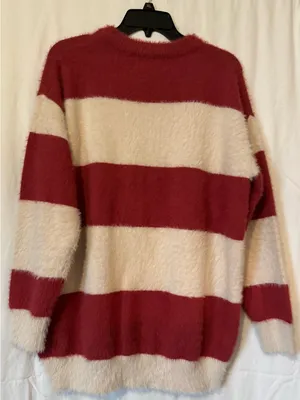 First Love by Lovelyn Fuzzy Striped Sweater – Women’s Small Red & Cream thumbnail 2