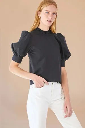 Hunter Bell Stella Top Black Puff Sleeves Ruffle Neck Poplin Blouse Size M thumbnail 1