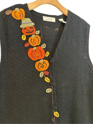 Lord & Taylor Karen Scott Vintage L Black Orange Pumpkin Halloween Sweater Vest thumbnail 2