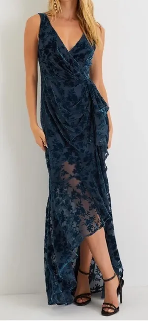 Lulu's Enchanting‎ Impression Teal Blue Floral Velvet Ruffled Maxi Dress thumbnail 1
