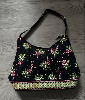 Vera Bradley Lily Bell Quilted Cotton Shoulder Bag Black Floral Pink Bows Hobo thumbnail 1