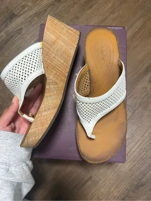 Clarks White Woven Leather Wedge Sandals with Cork-Look Platform thumbnail 3