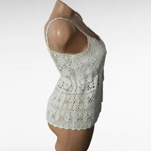 Crochet Tank Top Cream Sleeveless Drawstring Boho Bohemian Festival Small thumbnail 4