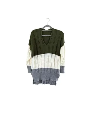 V-Neck Cable Knit Colorblock Sweater in Olive, Cream & Gray thumbnail 2