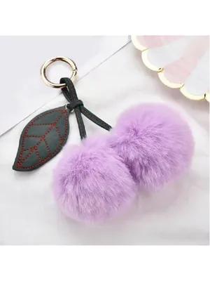 NEW Cherry Pom Pom Bag Charm Keychain Purple Faux Fur NWT thumbnail 2