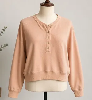 American Eagle Henley Sweatshirt Womens Small Peach‎ Relaxed Waffle Knit Cropped thumbnail 1