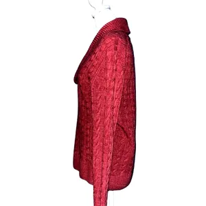 Red Cable Knit Shawl Collar Pullover Sweater Long Sleeve Textured Knit Top thumbnail 3
