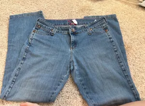 y2k mcbling Wrangler Premium Patch Low Rise Jeans Medium Wash Straight Leg 14x34 thumbnail 1