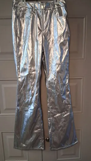 Love, Fire bell bottom y2k 2000s millenium pants in metallic platinum silver size 7. thumbnail 1