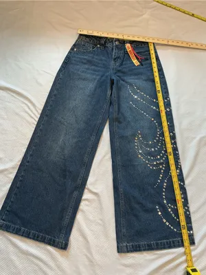 Dark Blue Wide-Leg Jeans with Studded Swirl Detail thumbnail 5
