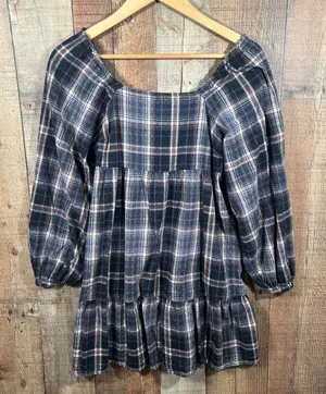 Universal Thread Plaid Peasant Mini Dress Cottagecore Prairie Blue Small Boho thumbnail 1