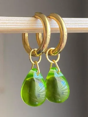 Handmade olive color teardrop Czech glass simple minimalist hoop earrings💚🫒💕 thumbnail 4