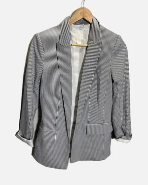 H&M Striped Blazer Women Size 2 Navy Blue White Pinstripe Open Front Business thumbnail 1