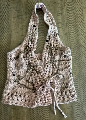LeRok Vintage Y2K Knit Halter Crop Top Chain & Ring Embellished Beige - Small thumbnail 1