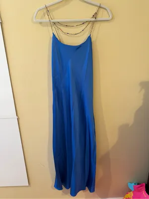 Satin Cobalt Blue Maxi Slip Dress with Chain Straps thumbnail 3
