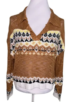 Angie NWT Collared Fair Isle Cropped Knit Sweater Mustard Brown Boho Medium thumbnail 2