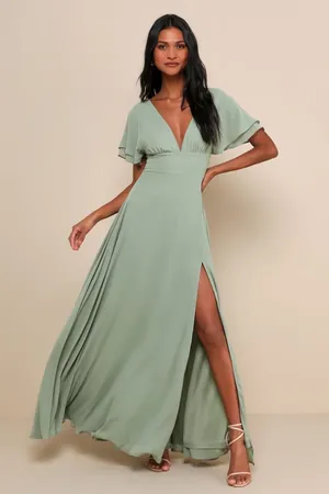 NWT Lulus Promise Of Love Sage Brush Flutter Sleeve Maxi Dress Bridesmaid Size S thumbnail 1