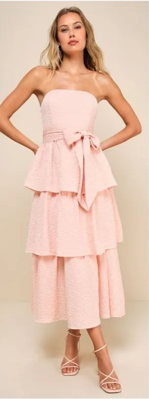 Lulus Truly Marvelous Blush Pink Jacquard Strapless Tiered Midi Dress Medium thumbnail 1