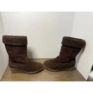 Lands' End Women's 8.5 Brown Suede Faux Fur Cuff Wedge Winter Boots thumbnail 2