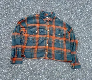 American Eagle Cropped Flannel Shirt Green Orange Plaid Raw Hem Small thumbnail 1