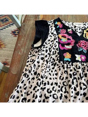 Savanna Jane Mini Dress 2X Beige Black Leopard Floral Multicolor Embroidery Boho thumbnail 3