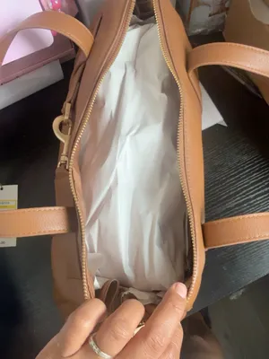 Tan Faux Leather Barrel Tote Shoulder Bag Structured Zip Top thumbnail 4