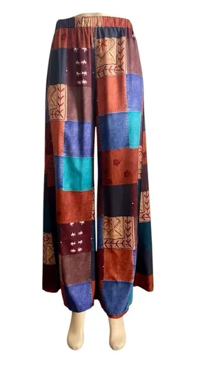 ROMWE Patchwork Wide Leg Pants - Blue, Brown, Orange thumbnail 1