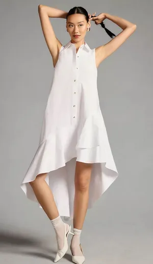 Anthropologie Maeve Sleeveless Button Down Tiered Ruffle White Midi Dress S thumbnail 1