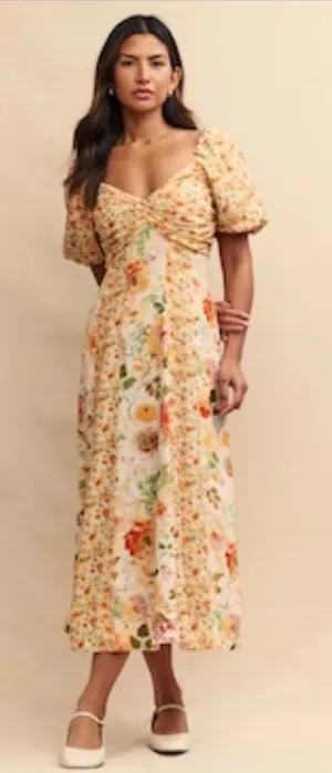 Sweetheart Floral Puff-Sleeve Midi Dress in Cream Floral thumbnail 1