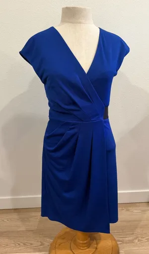 ABS Collection Royal Blue Faux Wrap Sheath Dress Black Waistband Small thumbnail 1