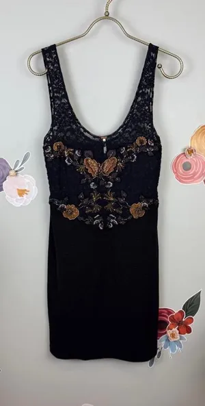 Free People Black Beaded Sleeveless Secrets of Eden Mini Dress - Size - Small thumbnail 1