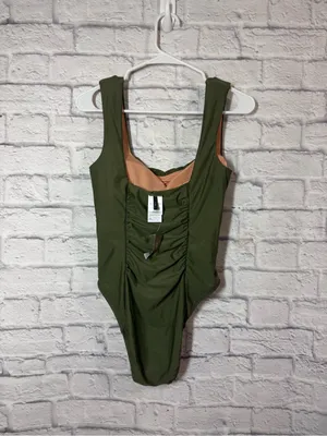 J. Crew NWT Olive Green Ruched Scoop One-Piece Swimsuit, size 10 thumbnail 2