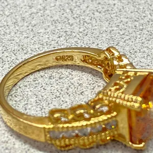 Vintage Sparkling Orange Cushion Cut Gold Pleated Sterling Silver Ring Size 8.75 thumbnail 5