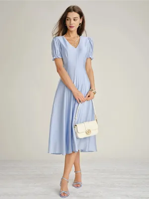 Rihoas Light Blue V-Neck Puff Sleeve Midi Dress thumbnail 4