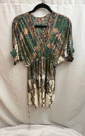 SHEIN Paisley Boho Kimono Mini Dress Green Brown Cream Size L thumbnail 1